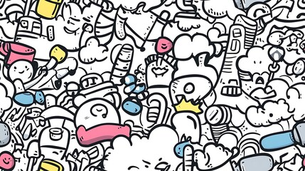 A seamless doodle pattern of a lively fitness frenzy, featuring people in exercise poses, gym equipment like dumbbells and kettlebells, yoga mats, water bottles,