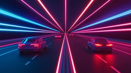 AI-driven transportation, autonomous vehicles, neon-lit highway