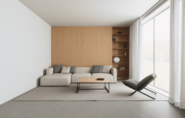 A minimalist living room designed to maximize natural light and stylish, neutral tones
