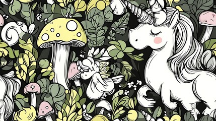 A seamless doodle pattern of a magical forest, featuring unicorns, glowing mushrooms, swirling vines, and fairies with fluttering wings. Soft pastel colors and a whimsical flow,