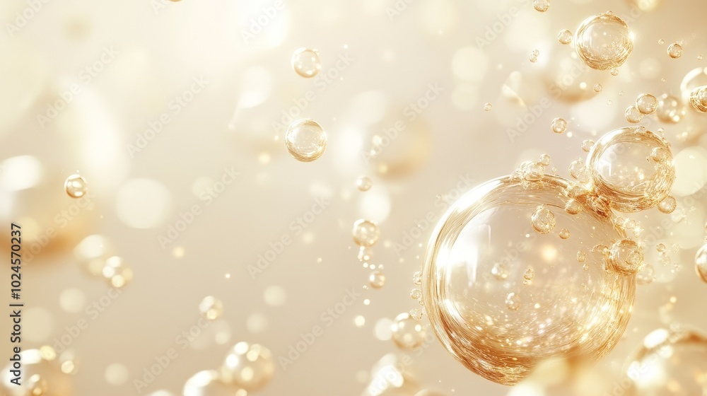 Poster minimalistic design with gold bubbles on white background, soft lighting and depth of field creating