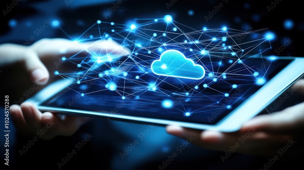 Aufkleber hand holding tablet with cloud symbol and network visualization