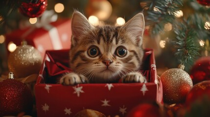 A curious kitten peeks from a festive gift box surrounded by sparkling ornaments and a beautifully decorated Christmas tree