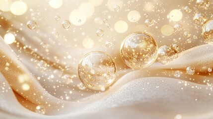 Minimalistic Design with Gold Bubbles on White Background, Soft Lighting and Depth of Field Creating a High-End, Elegant Aesthetic with Exquisite Details