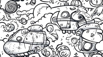 Obraz premium A seamless doodle pattern of a steampunk adventure, featuring gears, clocks, steam-powered airships, and brass goggles arranged in a lively and balanced layout.