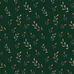 Watercolor floral background. Seamless green pattern with blue and brown plant leaf and branch for textile, fabric, wallpapers, home decor textures
