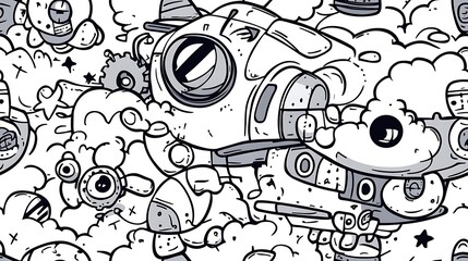 Obraz premium A seamless doodle pattern of a steampunk adventure, featuring gears, clocks, steam-powered airships, and brass goggles arranged in a lively and balanced layout.