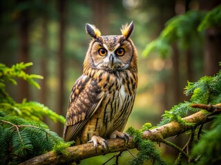 Fototapeta premium In the quiet, dim light of the forest, the European Long-Eared Owl showcases its majestic appearance, patiently watching for movement among shadows, serene and wise.