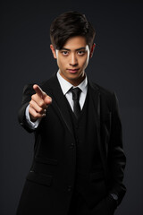 Smiling businessman in a suit standing confidently in a studio, showcasing success and elegance