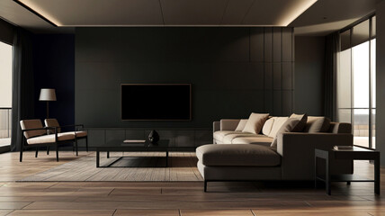 Modern living room with a minimalist design featuring a fireplace a large sofa a coffee table and two chairs.