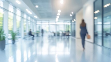Fototapeta premium Abstract blurred interior modern office space with business people working banner