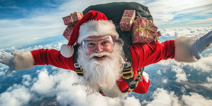Santa Claus as a skydiver jumps to earth with a parachute and many gifts on his back