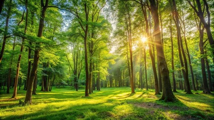 Sunny forest clearing with green trees