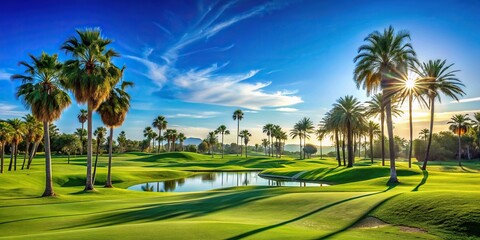 Fototapeta premium Sunny golf course with palm trees and clear blue sky
