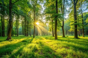 Obraz premium Sunny morning in forest clearing with green trees