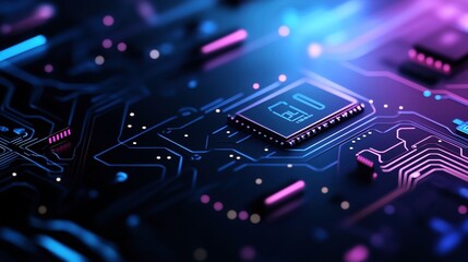 Close-up view of a digital microchip or processor on a circuit board with glowing neon blue and pink lights, representing advanced technology and computing.