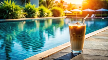 Sunny poolside relaxation with iced coffee