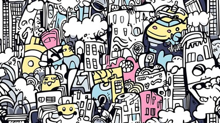 Obraz premium A seamless doodle pattern of a vibrant metropolis, featuring skyscrapers, street performers, bicycles, and taxis, interwoven with pedestrians and streetlights.