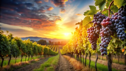 Naklejka premium Sunny vineyard at sunset with ripe red wine grapes