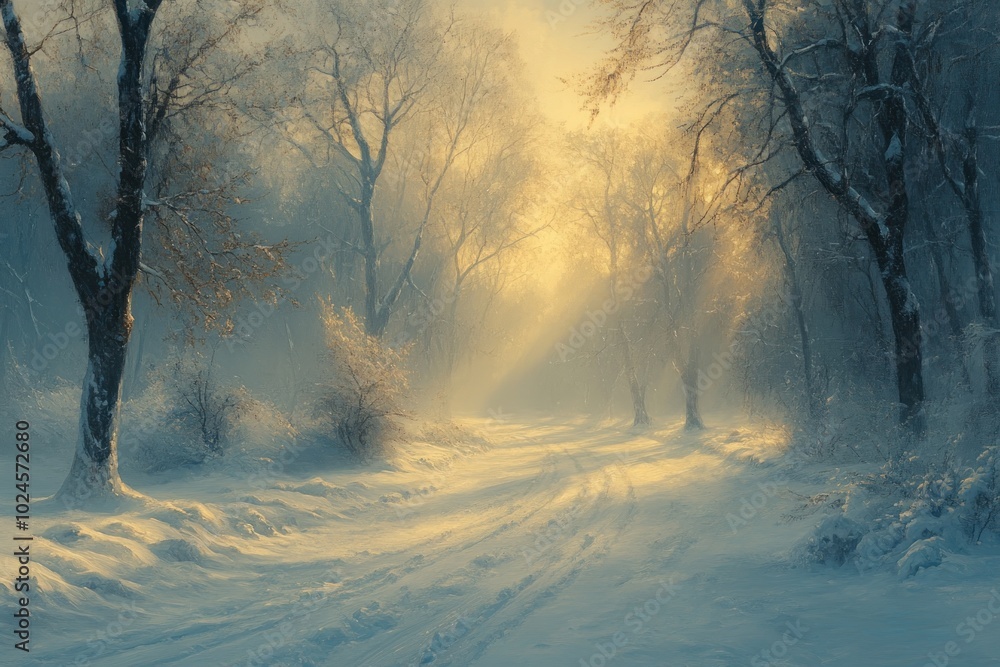 Poster a snowy path through a forest with sunlight streaming through the trees.