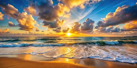 Fototapeta premium Sunrise by the seaside with waves and clouds at eye level