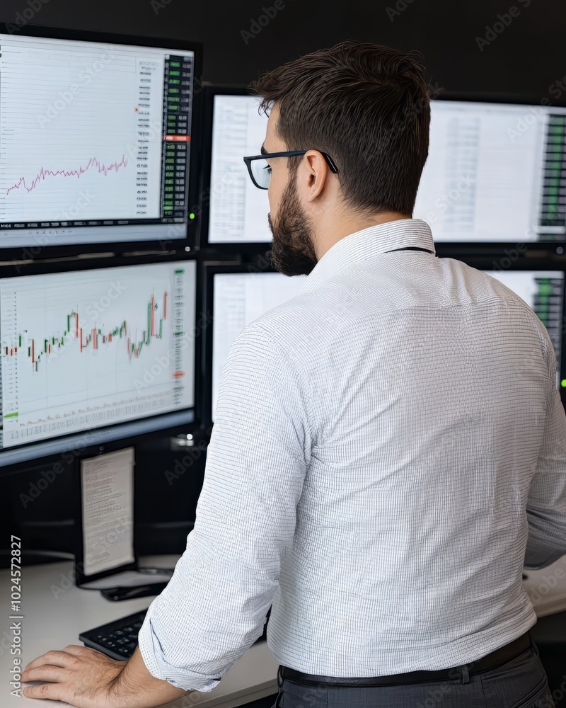 Poster focused trader analyzing stock market trends on multiple monitors in a modern office setting.