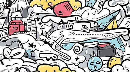 A seamless doodle pattern of a vibrant travel adventure, featuring airplanes, passports, boarding passes, luggage, and small icons of famous landmarks arranged in a playful, dynamic layout.
