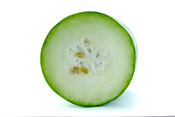 Cross section of wax gourd (white gourd, ash pumpkin) isolated on white background closed up stacking.