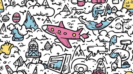 A seamless doodle pattern of a vibrant travel adventure, featuring airplanes, passports, boarding passes, luggage, and small icons of famous landmarks arranged in a playful, dynamic layout.