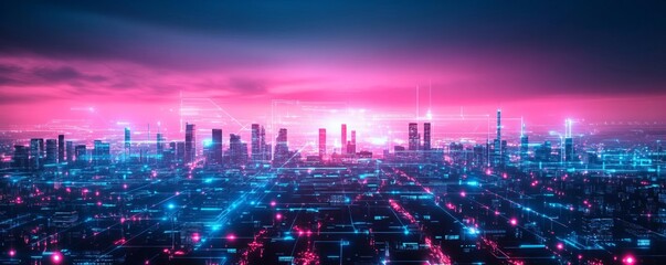 Obraz premium Cyber cityscape, digital network overlay, futuristic smart city