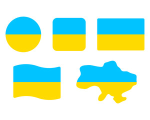 Ukraine flag symbols set. Blue anf yellow colors. Round, square, waving rectangle and german map shape vector banner. Independence and freedom symbol.