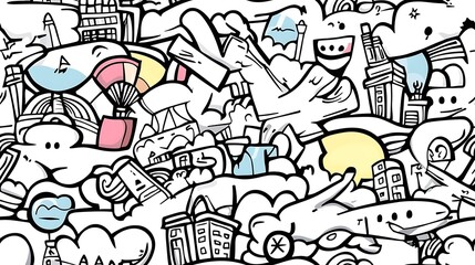 A seamless doodle pattern of a vibrant travel adventure, featuring airplanes, passports, boarding passes, luggage, and small icons of famous landmarks arranged in a playful, dynamic layout.