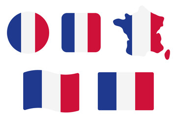 France flag symbols set. Blue, white and red colors. Round, square, waving rectangle and french map shape vector banner. Paris symbol.