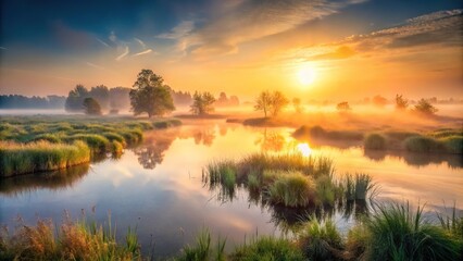 Obraz premium Sunrise over misty marsh lakes with reflections in bog landscape background