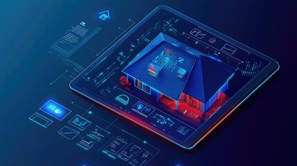 A digital home control dashboard on a tablet, with icons for managing security systems, climate, and lighting.
