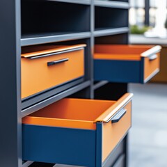 Open blue orange drawers of filing cabinets for storing data, archives and documents in an office setting..