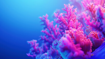 Aesthetic oceanic colorful fluorescent coral reef on blue background. Copy space. Aquarium hobby. Generative AI