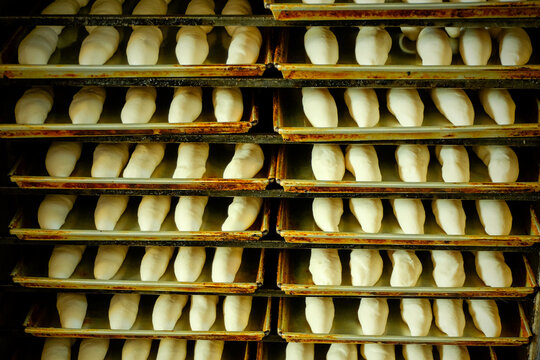 Proofing doughts the final rise of bread dough before baking, in bread proofers and bake in oven, rustic baker in local factory, close up