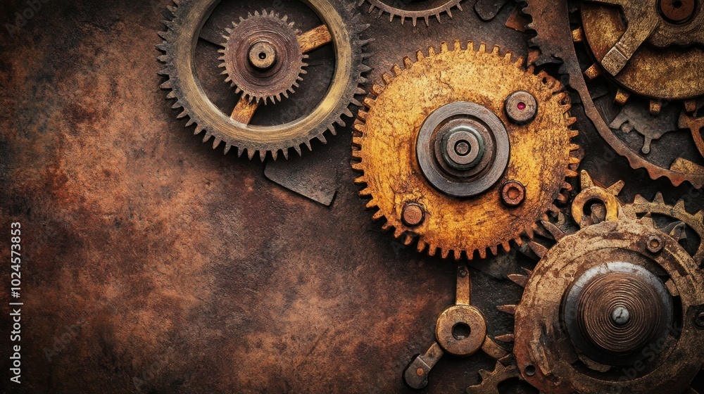 Poster rusty cogs and gears on metal background