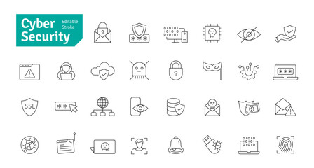 Cyber Security Line Icons Set. Cybercrime, Cyberspace, Shield, Protection, Technology, Defense, Antivirus, Hacker Icons Editable Stroke Vector Illustration