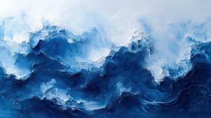 vibrant blue and white abstract painting reminiscent of ocean waves with dynamic brush strokes and textured layers evoking a calming serene atmosphere perfect for a coastal theme