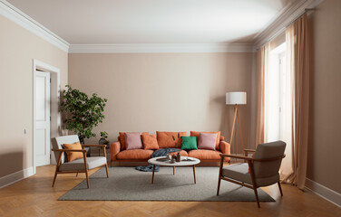 A beautifully designed modern living room featuring a cozy sofa along with stylish decor elements