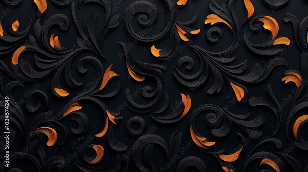 Poster Intricate 3D abstract pattern with swirling black shapes and orange highlights creating a rich, decorative texture on a dark background.