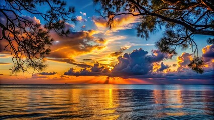 Sunset behind clouds in sea with tree branches