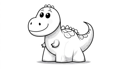 Obraz premium Cute cartoon illustration of a smiling dinosaur standing upright with a friendly expression, outlined in black and white, featuring large eyes and small arms.