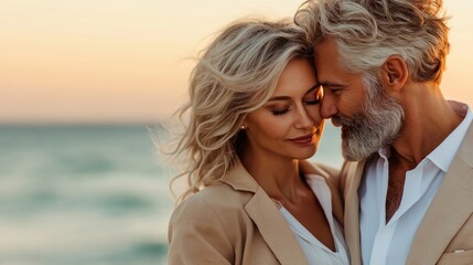 A tender moment of a middle-aged couple standing close on a beach at sunset, with a soft smile and closed eyes, enjoying the serene ocean breeze and warm glow of the setting sun