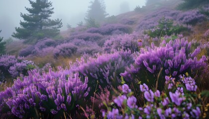 A Misty Landscape of Purple Heather in Bloom