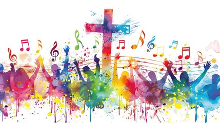 Colorful Christian Cross and Music Notes with Hands Glorifying God, Vector Illustration on White Background