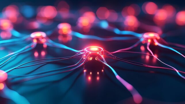 Neural network visualization, glowing nodes, abstract tech background