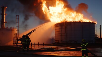Industrial chemical tank engulfed in flames with thick black smoke, firefighters in protective gear battling the blaze at dusk, highlighting the urgency and danger of the situation.